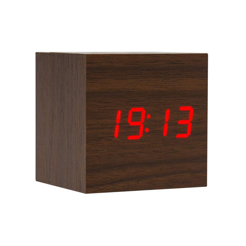 Lancoon Wooden Alarm Clock - Mini Cube LED Digital Clock with Time/Date/Temperature Display, 3 Levels Brightness and Voice Control Great for Home Office Travel - AC10Brown_Red - Image 1